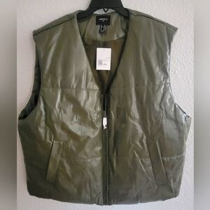 Brand New Olive Faux Leather Zip-Up Vest Retails $50+